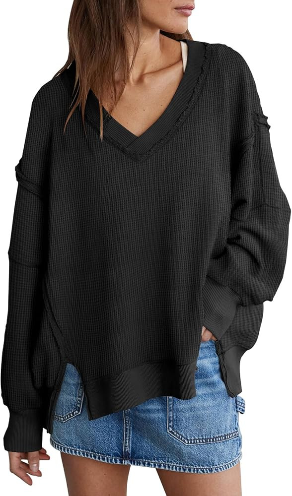 miduo Womens Oversized Waffle Knit Sweatshirts V Neck Long Sleeve Reverse Seam Side Splits Pullov... | Amazon (US)