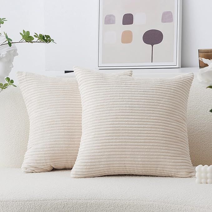 Home Brilliant Cream Pillow Covers Decorative Throw Pillows Set of 2 Striped Corduroy Plush Velve... | Amazon (US)