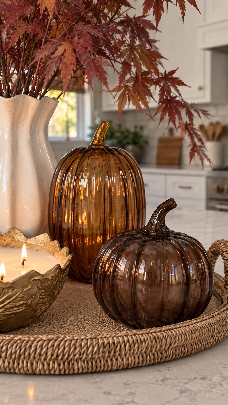 Proof that a few Target finds can completely refresh your kitchen for fall 🍁 I layered these pieces on a woven tray for an easy centerpiece that feels warm, organic and collected.

#LTKSaleAlert #LTKSeasonal #LTKHome