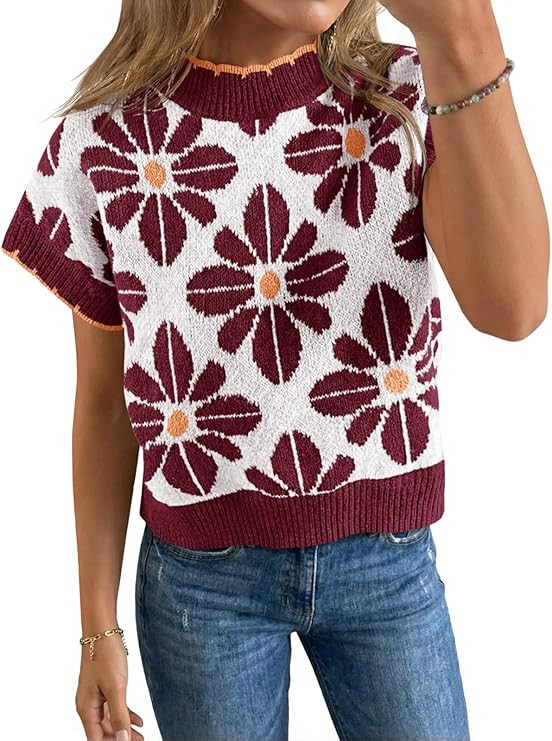 Saodimallsu Womens Floral Sweater Tops Short Sleeve Vintage Crew Neck Loose Knit Summer Pullover ... | Amazon (US)