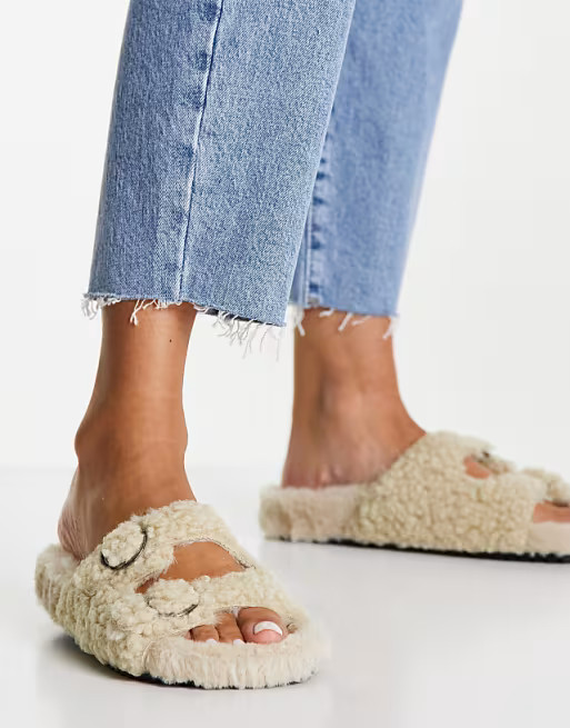Topshop sherpa buckle slider slippers in neutral | ASOS (Global)