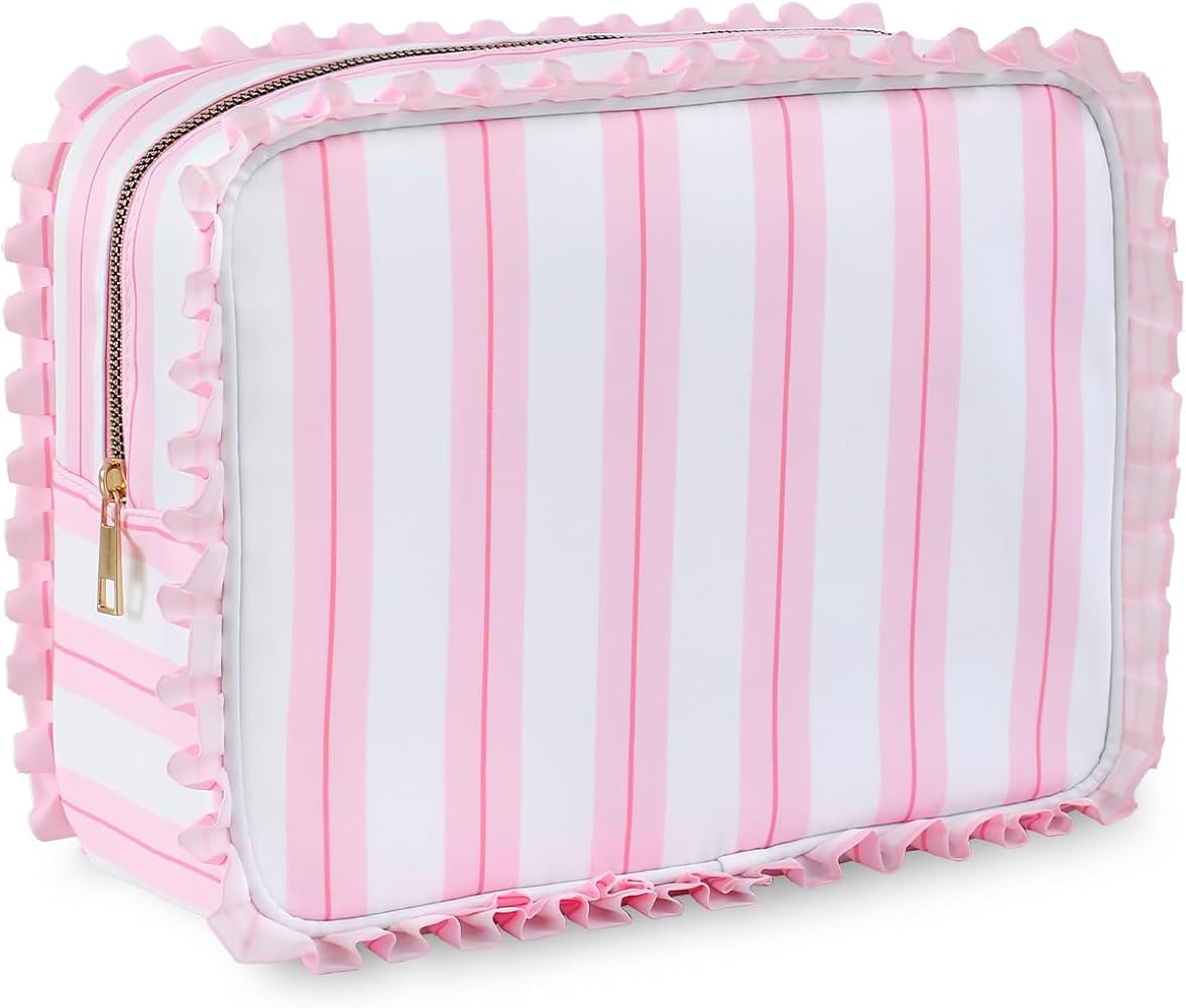 Stripe Ruffle Makeup Bag,Large Travel Cute Cosmetic Bag for Women Girls,Toiletry Bag Make up Orga... | Amazon (US)