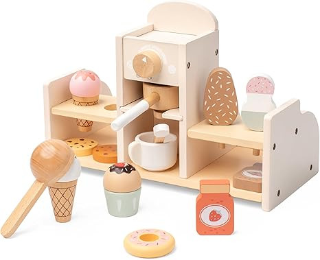 Wooden Ice Cream and Coffee Play Set for Kids, Pretend Play Toy Ice Cream Shop & Coffee Maker for... | Amazon (US)