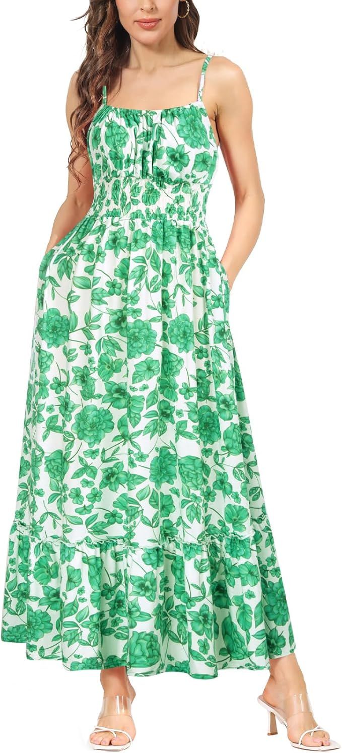 GRACE KARIN Womens Summer Maxi Dress Casual Sleeveless Spaghetti Strap Smocked Ruffle A Line Beac... | Amazon (US)
