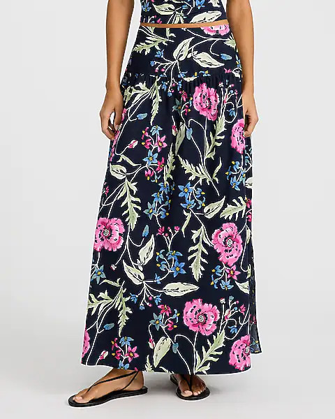 Poplin Floral High Waisted Side Slit Maxi Skirt | Express