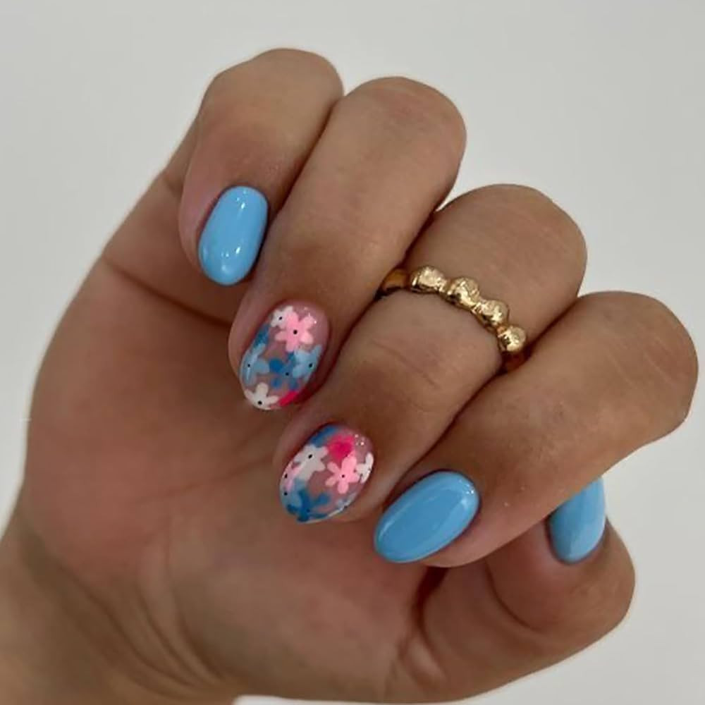 Short Press On Nails Oval Fake Nails Acrylic False Nails With Blue Flower Designs Artificial Blue... | Amazon (US)