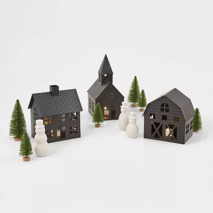 Metal Buildings with Trees &#38; Ceramic Snowmen Decoration Kit Black - Wondershop&#8482; | Target