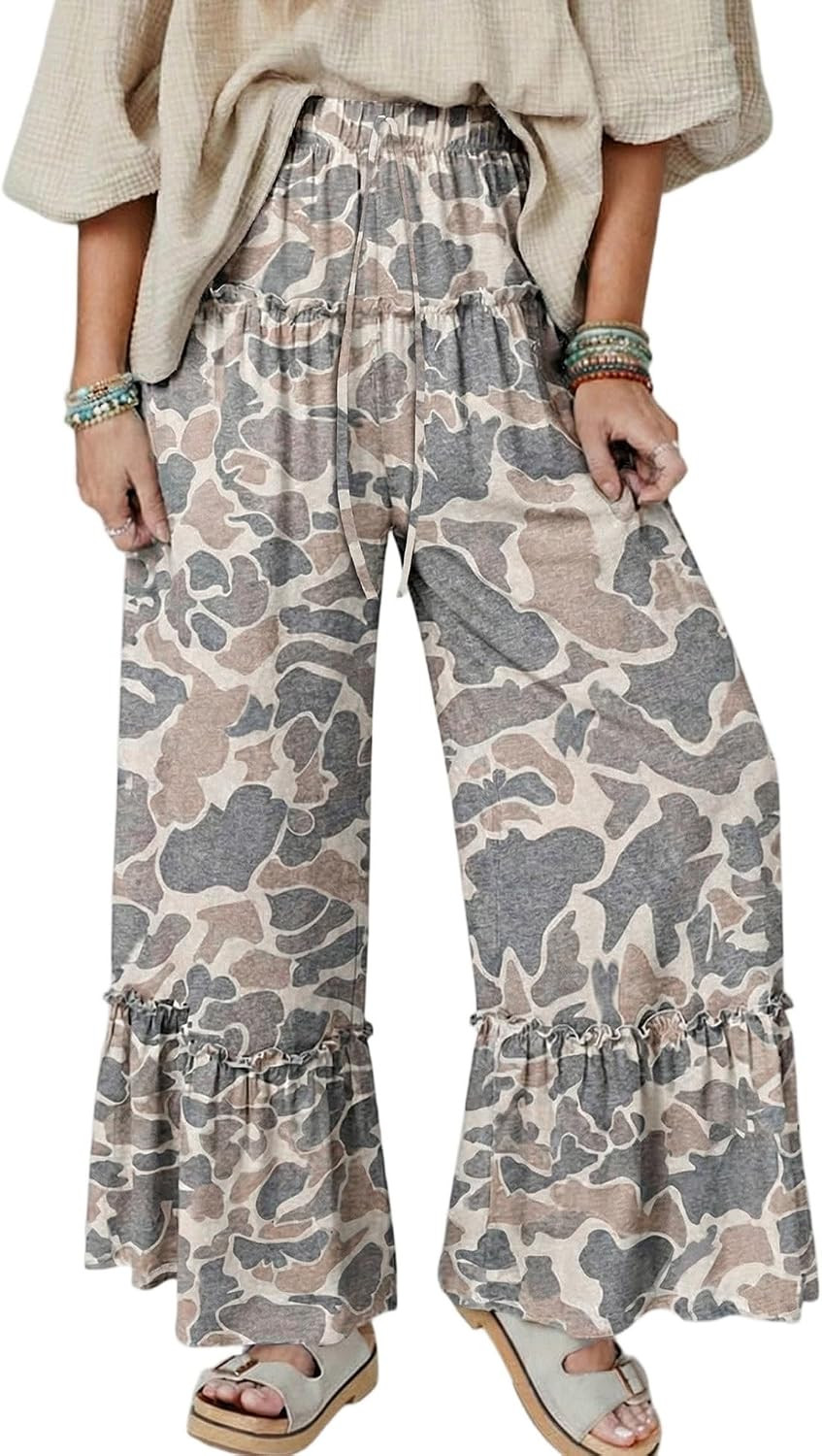 SeeLuNa Women Wide Leg Pants Camo Print High Rise Drawstring Ruffle Trouser | Amazon (US)