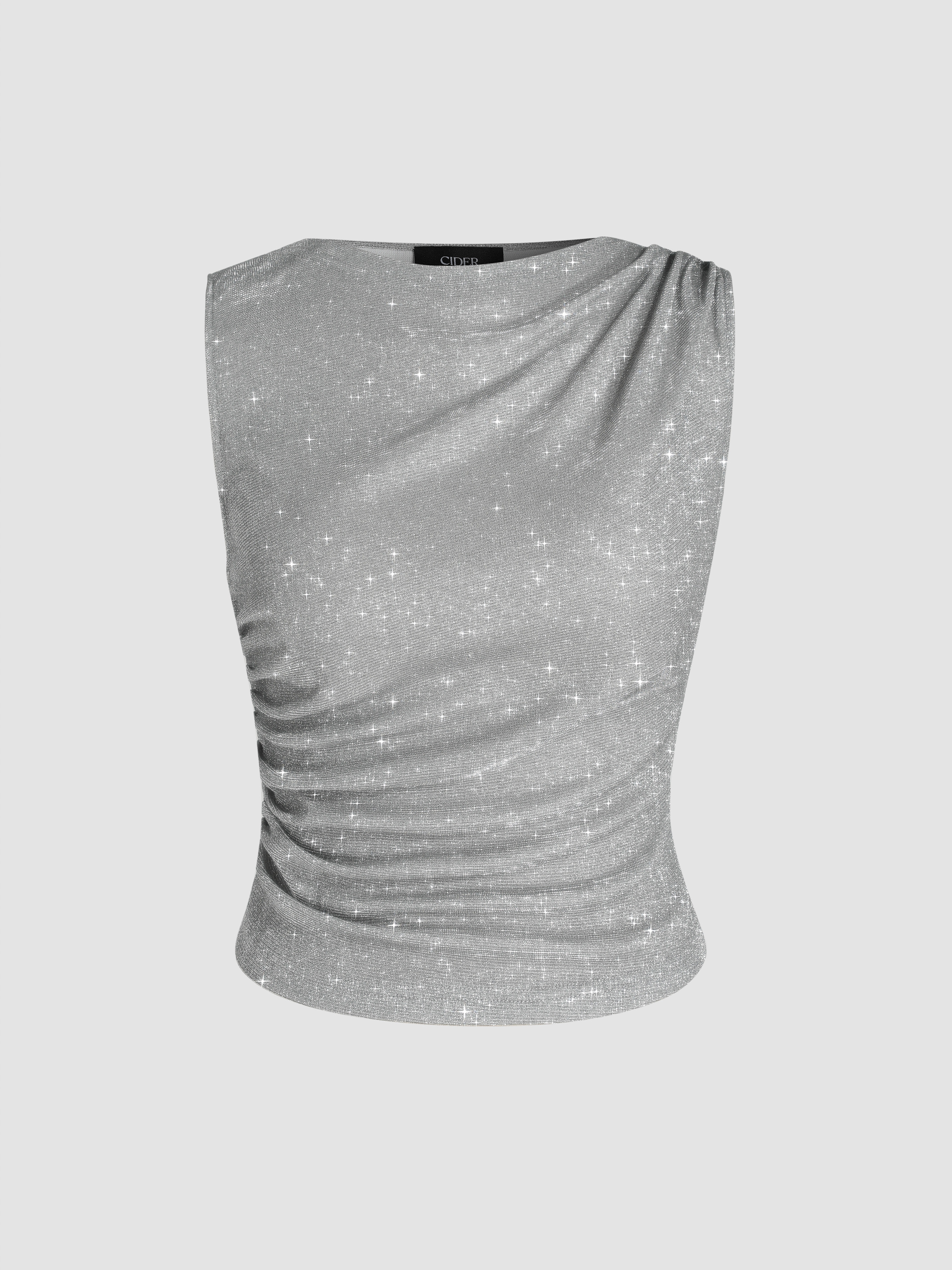 Music Festival Concert Outfits Knit Fabric Round Neck Ruched Glitter Asymmetrical Tank Top | Cider
