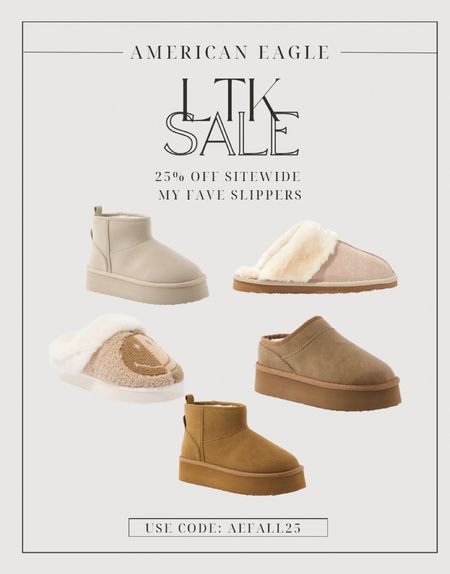 LTK SALE 🎉
↳ AMERICAN EAGLE SLIPPERS
25% OFF SITEWIDE WITH CODE: AEFALL25🚨‼️
—
Daily deals, sale finds, sale alert, currently on sale, deal of the day, sale posts, deals, Fall Fashion, fall outfit, fall style, fall must haves, fall outfit inspiration, Fall outfit, fall, fall outfits, fall outfit inspo, booties, boots, look for less, fall fit, cozy outfit,  fall outfit ideas

#LTKSale #LTKGiftGuide #LTKSeasonal