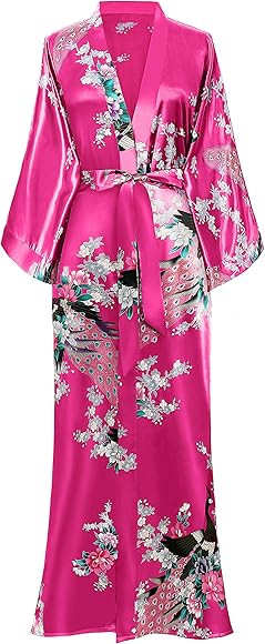 BABEYOND Women's Kimono Robe Long Robes with Peacock and Blossoms Printed Kimono Nightgown | Amazon (US)