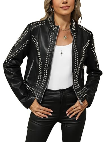 Bellivera Women's Faux Leather Jacket Studded Rivet Casual Short Moto Biker Stand Collar Coat 3220 Black 3XL | Amazon (US)