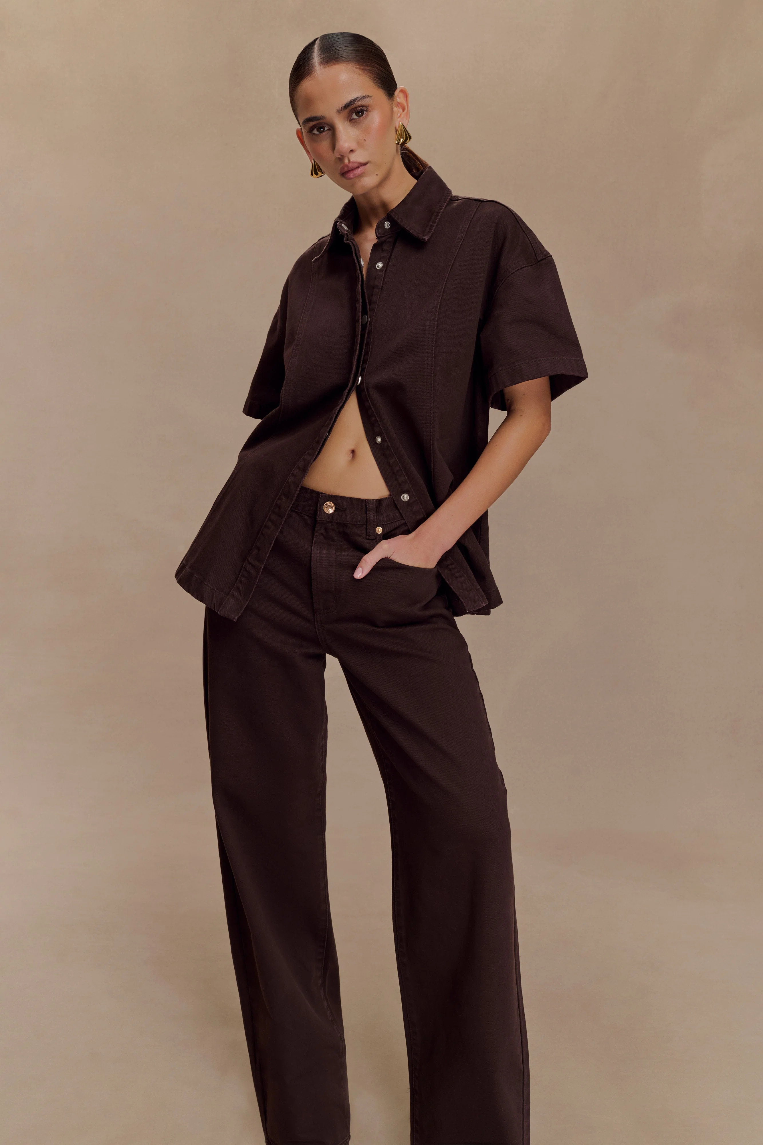 Maya Oversized Denim Shirt - Chocolate | MESHKI US