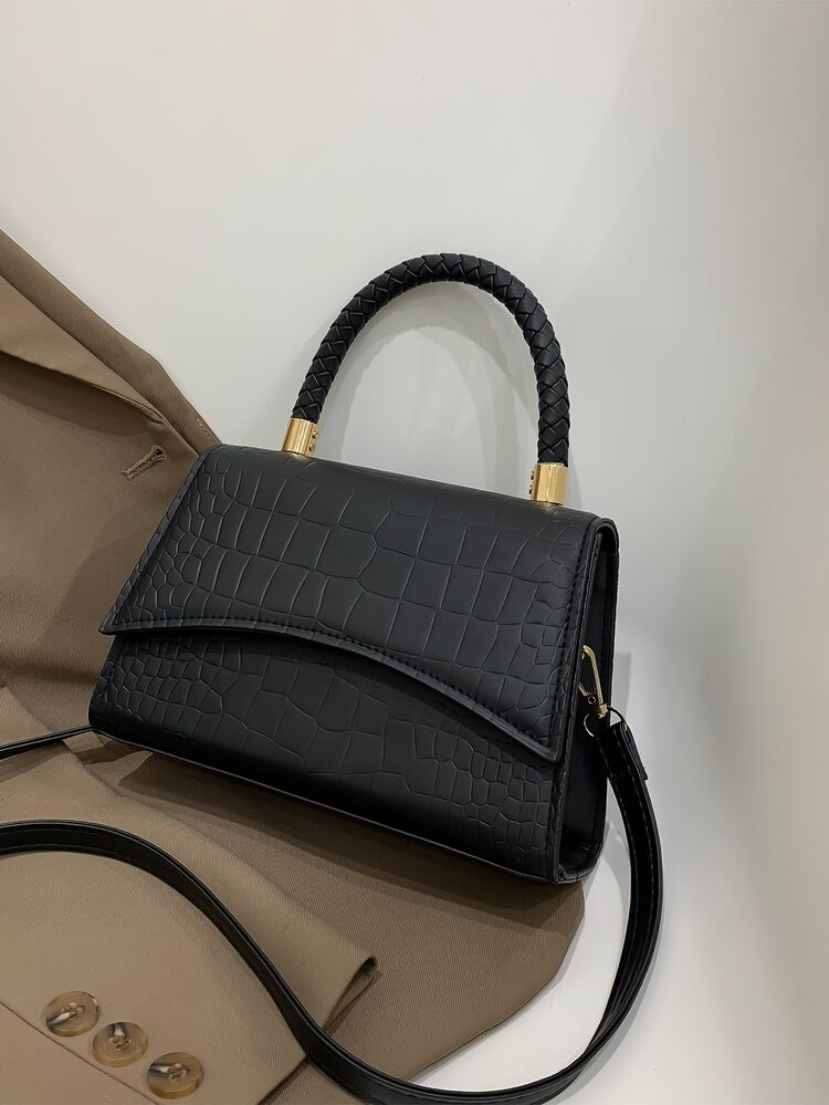 Crocodile Embossed Braided Detail Flap Square Bag | SHEIN