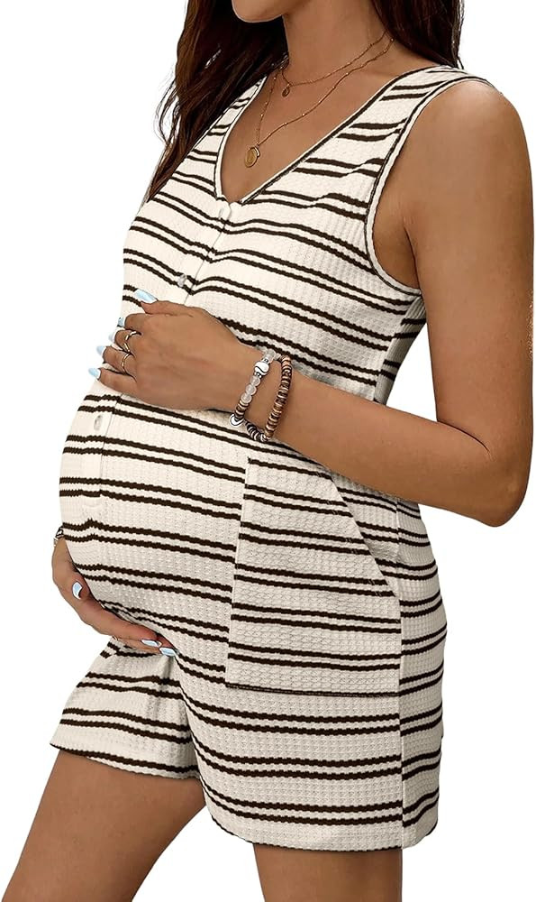 BLENCOT Women's Striped Maternity Romper Casual Sleeveless V Neck Button Down Pregnancy Clothes w... | Amazon (US)
