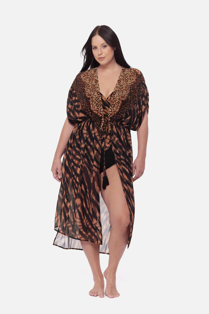 Miraclesuit Plus Size Beaded Kimono Cover Up in Raya De Safari | MiracleSuit