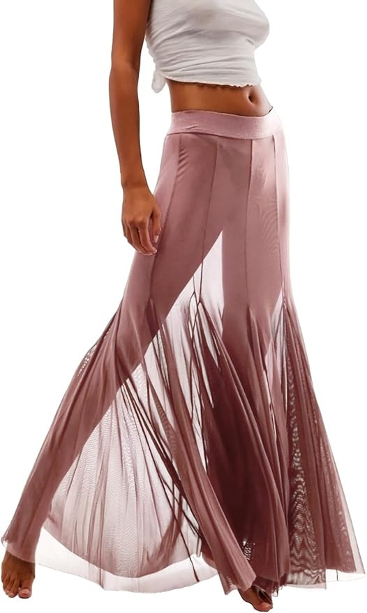 Womens Maxi Skirts Mesh Pleated 2025 Summer Trendy Sexy Club Sheer Boho Beach Cover Up Flowy Long... | Amazon (US)