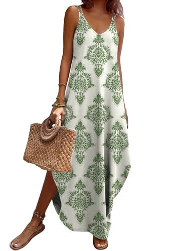 Zeagoo Summer Dress 2025 Vacation Beach Casual V Neck Sleeveless Split Sundress Green Print XL | Amazon (US)