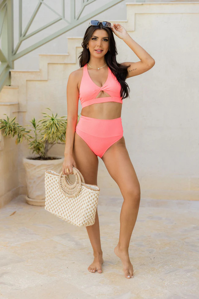 Needing Vitamin Sea Bright Coral Halter Bikini Top | Pink Lily