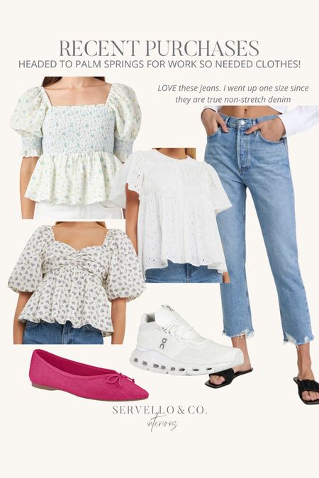 Recent purchases including English factory peplum tops, pink flats, pointed toe flats, on cloud running sneakers, whiten oncloud sneakers and Riley agolde jeans 

#LTKfindsunder100 #LTKsalealert #LTKstyletip