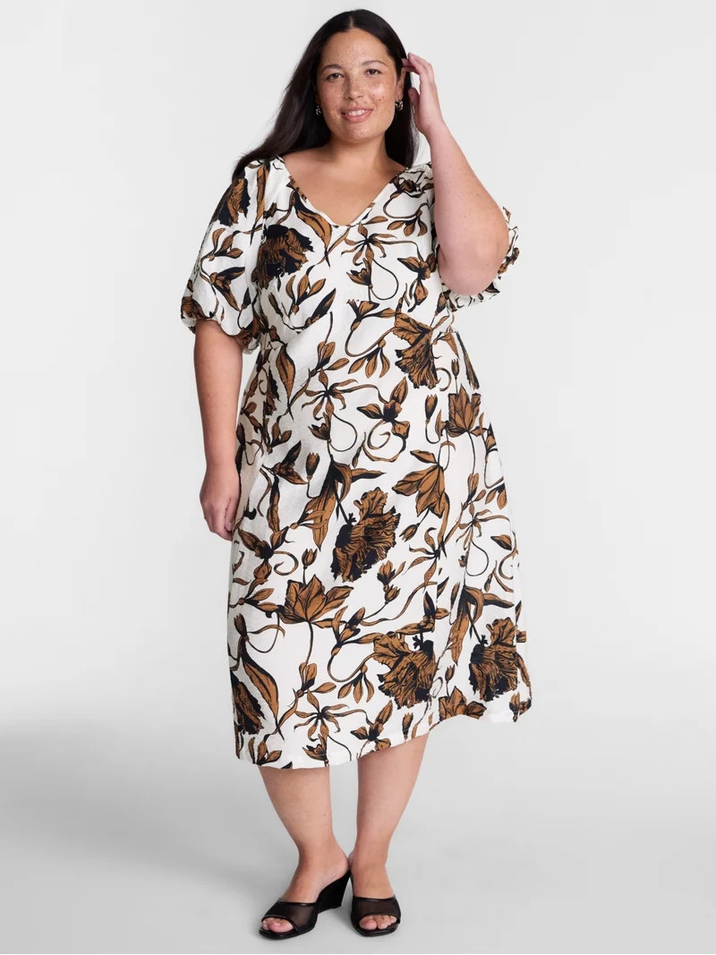 Terra & Sky Women's Plus V Neck Midi Dress with Short Puff Sleeves, Sizes 0X-5X | Walmart (US)