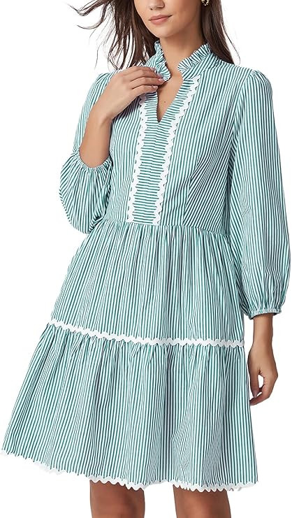 D-Sun Women 3/4 Long Sleeve Mini Dress Striped V-Neck Holiday Dress with Pockets Cotton Casual A-... | Amazon (US)