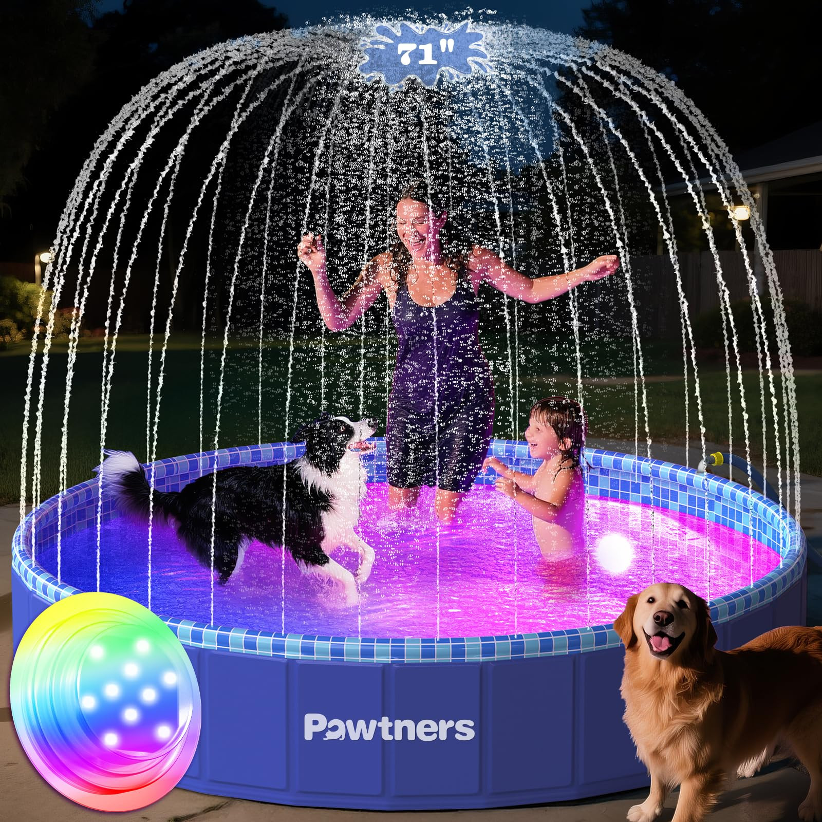 Foldable Dog Pool with Sprinkler RGB LED Light, 71" Collapsible Hard Plastic Kiddie Swimming Splash Pool for Small Medium Large Doggie Kitty Puppy, Pet Bathing Tub Wading Pool for Dogs Blue | Amazon (US)