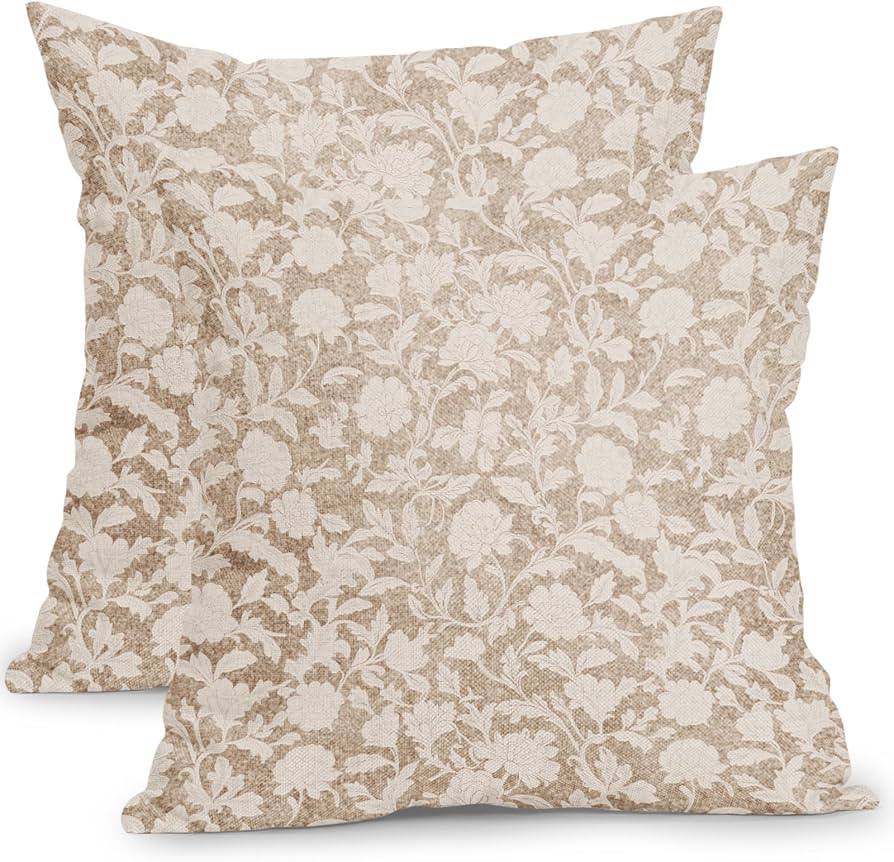 Vintage Beige Floral Pillow Covers 24x24 Inch Set of 2 Modern Neutral Block Print Outdoor Decorat... | Amazon (UK)