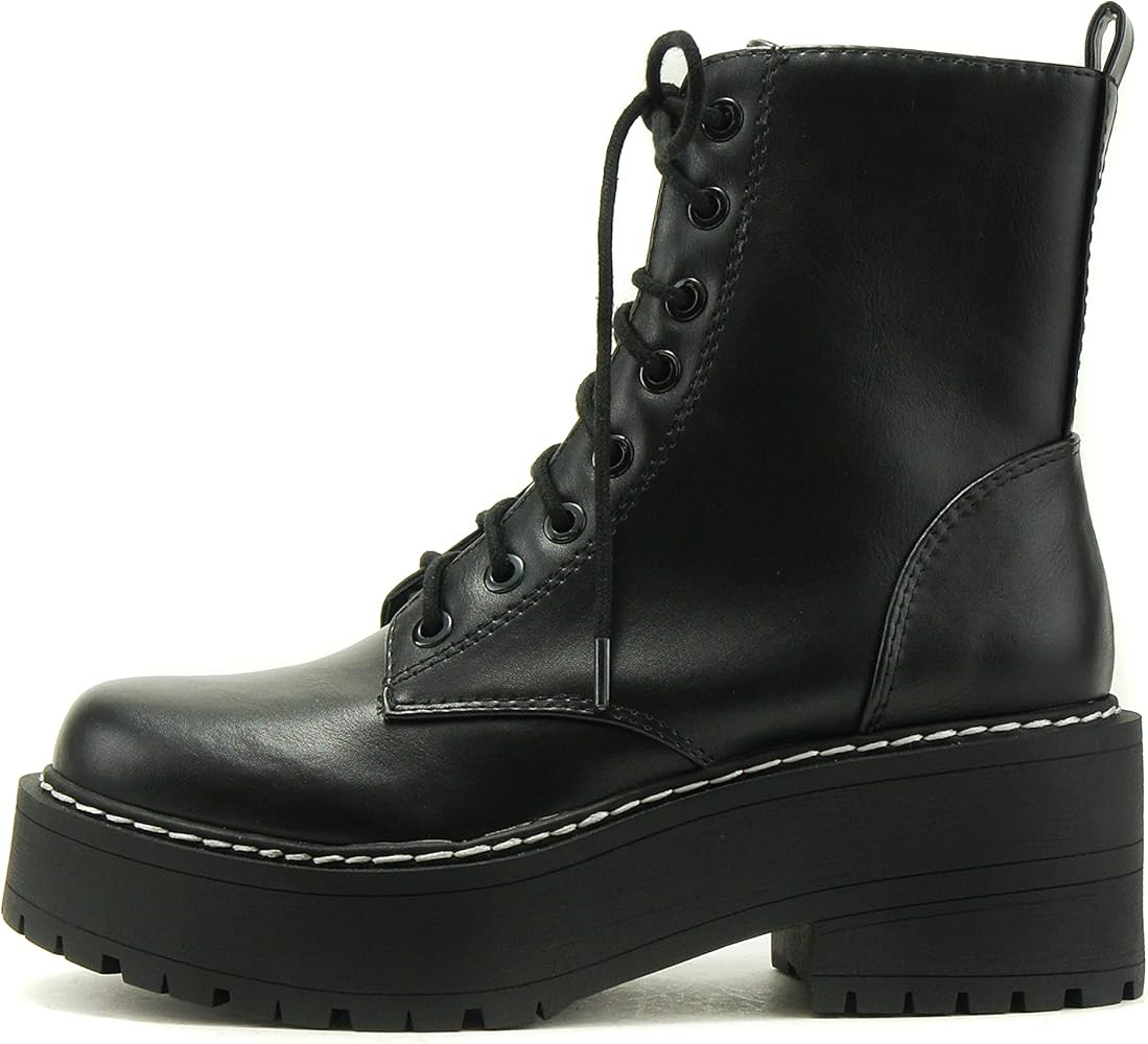 Soda FLING Women Chunky Lug Sole Lace up Fashion Combat Ankle Boot w/Side Zipper | Amazon (US)