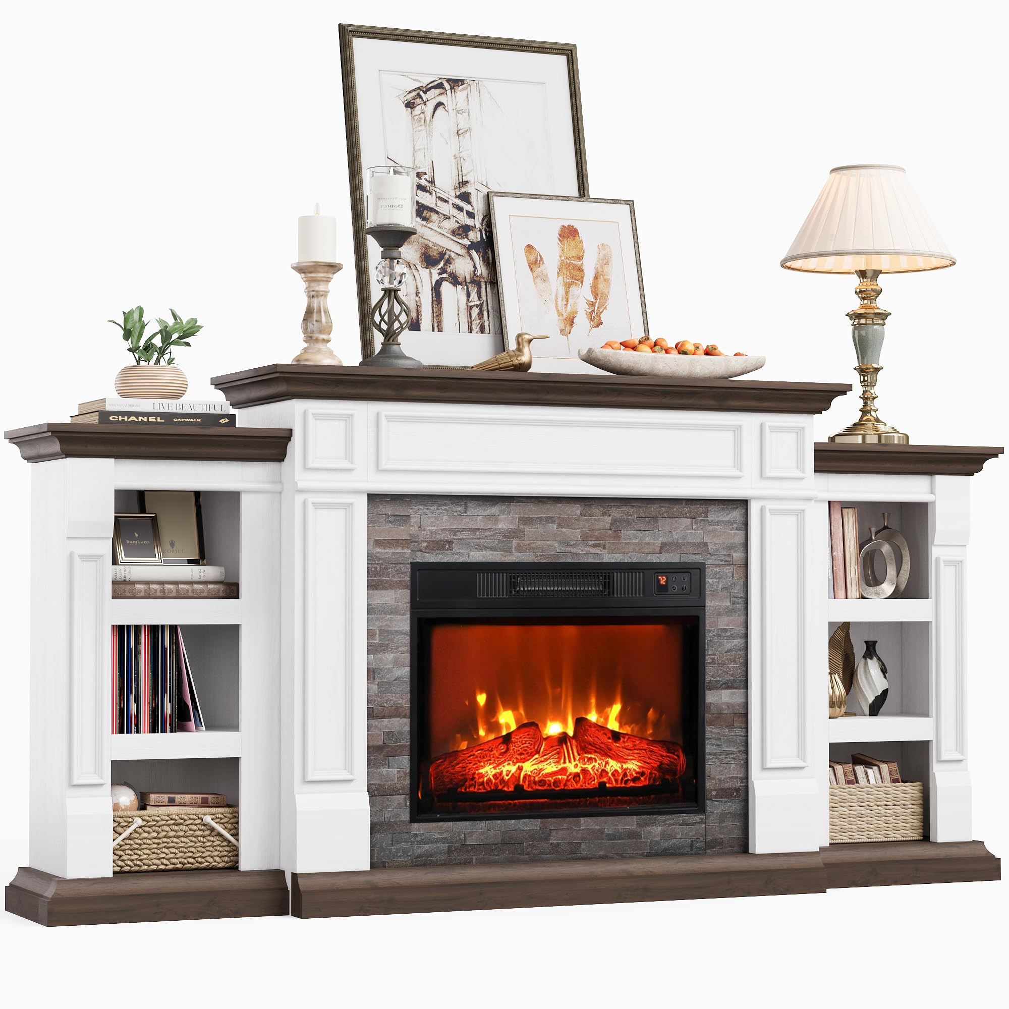 Naice 70" Electric Fireplace with Mantel and Cabinets, Fireplace TV Stand for Living Room Bedroom, Stacked Stone Surround and Remote Control 3D Realistic Flame | Amazon (US)