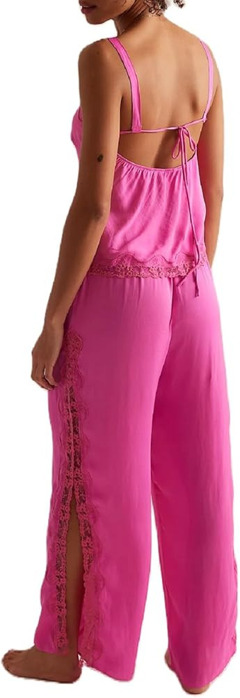 ROAONOCOMO Women Lace Trim Pajama Set Ruffle Babydoll Cami Top Wide Leg Pants Set Silk Satin 2 Pi... | Amazon (US)