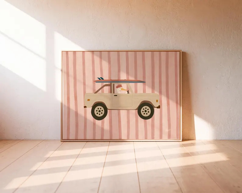 Surfer Pelican Driving Jeep Pink Stripes Wall Art Coastal Kids Room Decor Beach Nursery Printable... | Etsy (US)