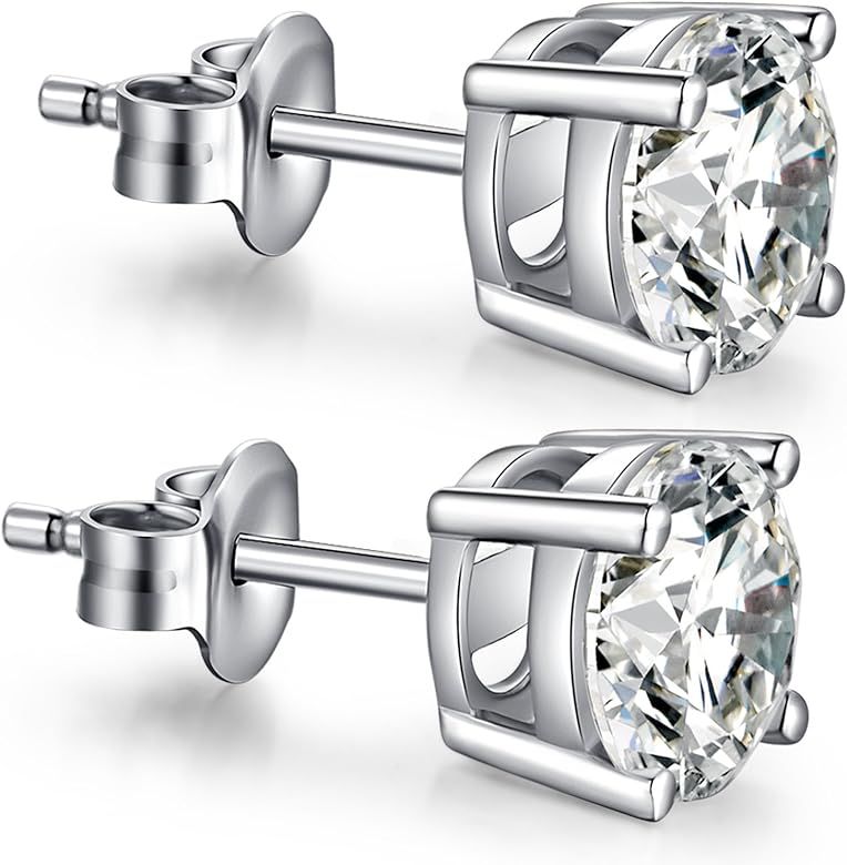 ZowBinBin Stud Earrings 18K White Gold Plated 925 Sterling Silver Round Cut Simulated Diamond Cubic  | Amazon (US)