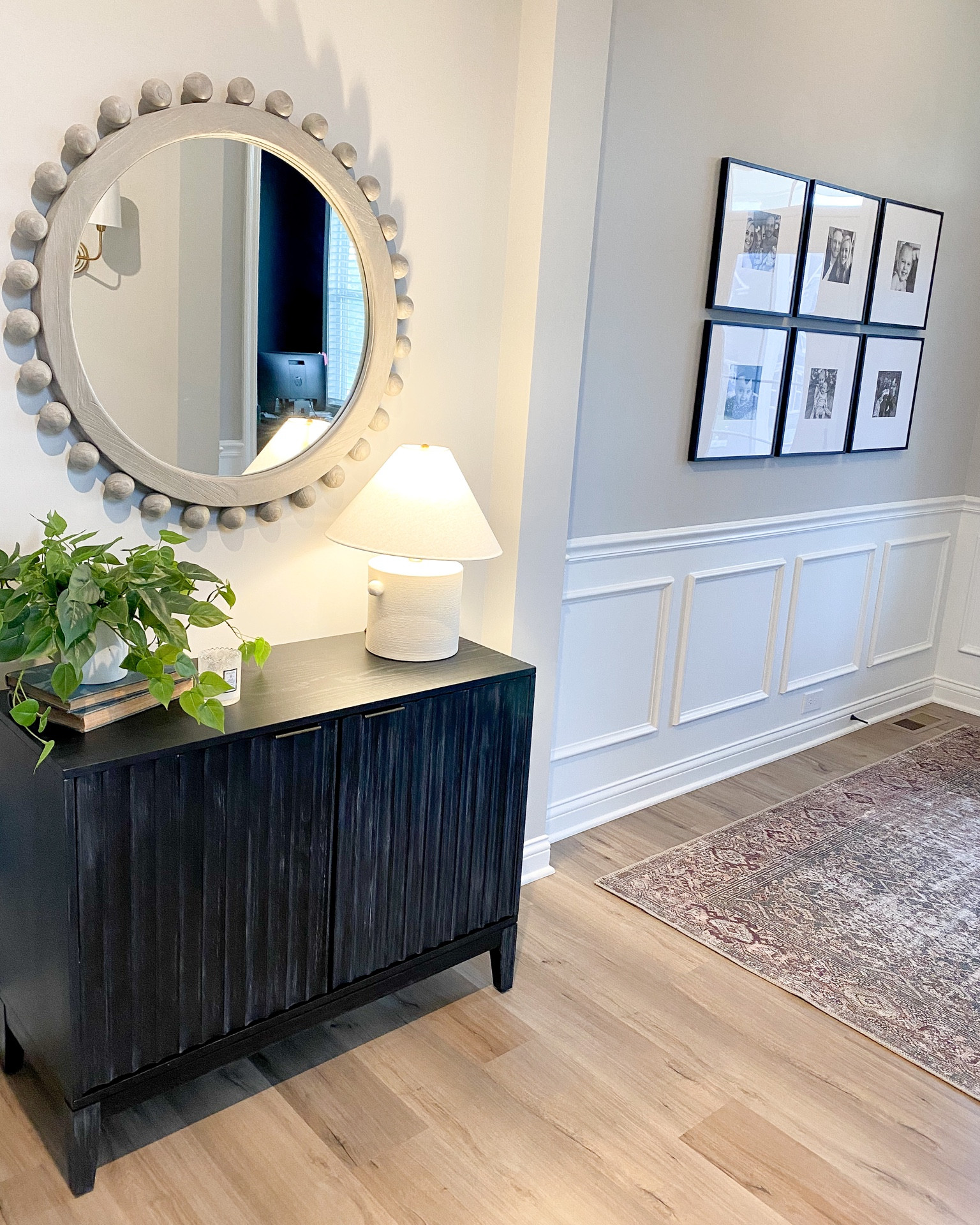 Foyer furniture, studio McGee cabinet, plaster lamp, lindy wooden mirror, Ballard designs, Loloi Georgie rug, amber Lewis interiors, frame it easy, gallery wall 