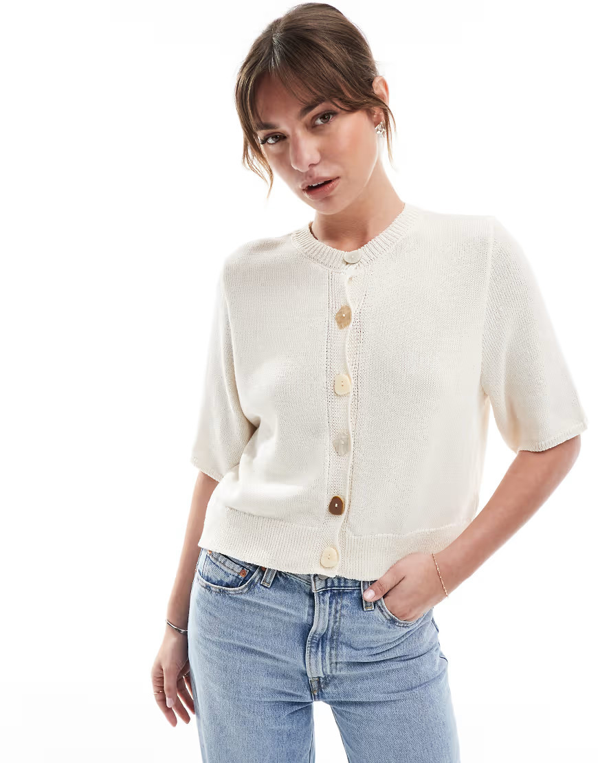 ASOS DESIGN knitted half sleeve cardigan with irregular pearl buttons in ivory-Red | ASOS (Global)