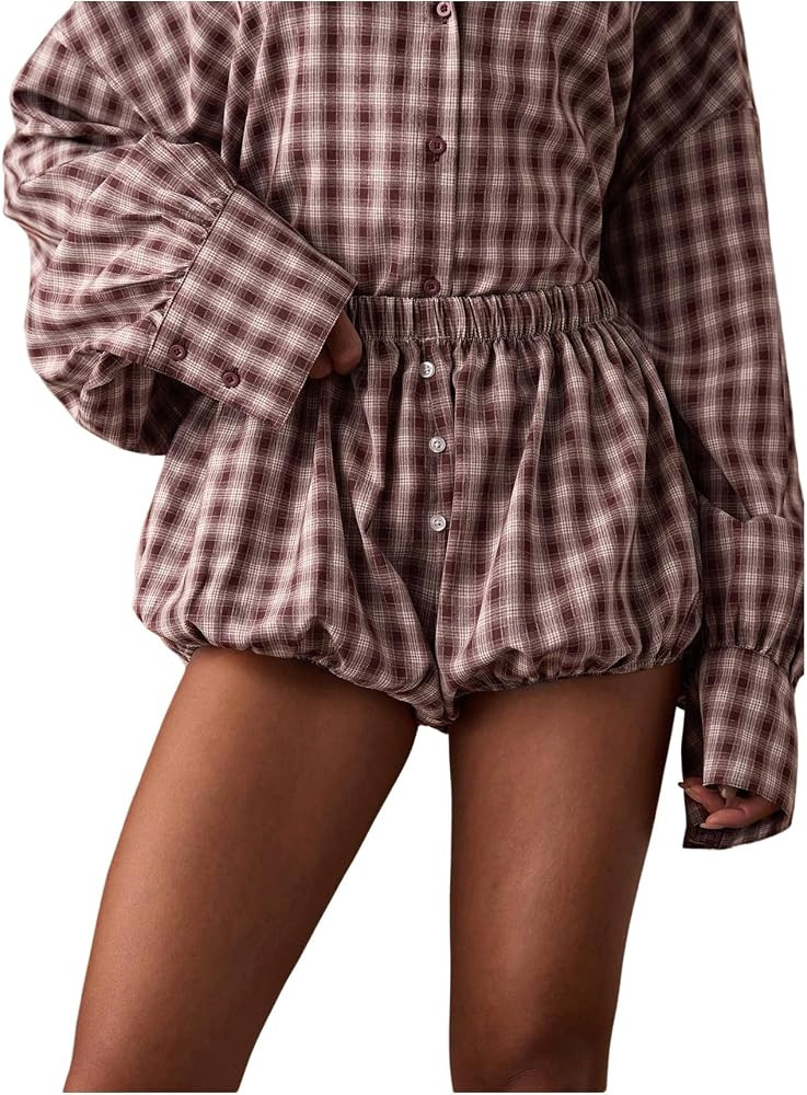 MakeMeChic Women's Plaid Bubble Blommer Shorts Low Rise Lounge Shorts | Amazon (US)