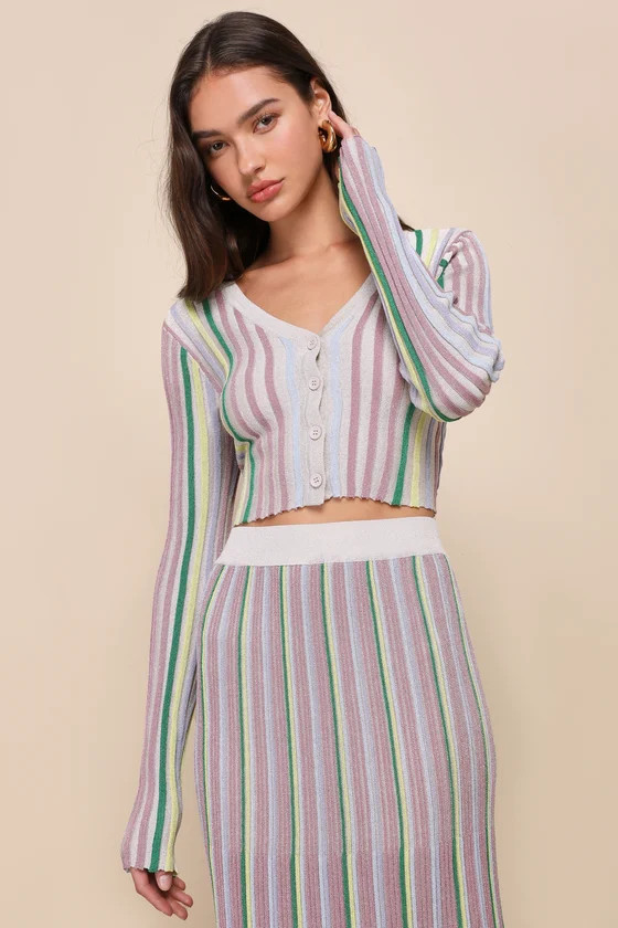 Eye-Catching Trend Taupe Multi Striped Ribbed Cardigan Top | Lulus