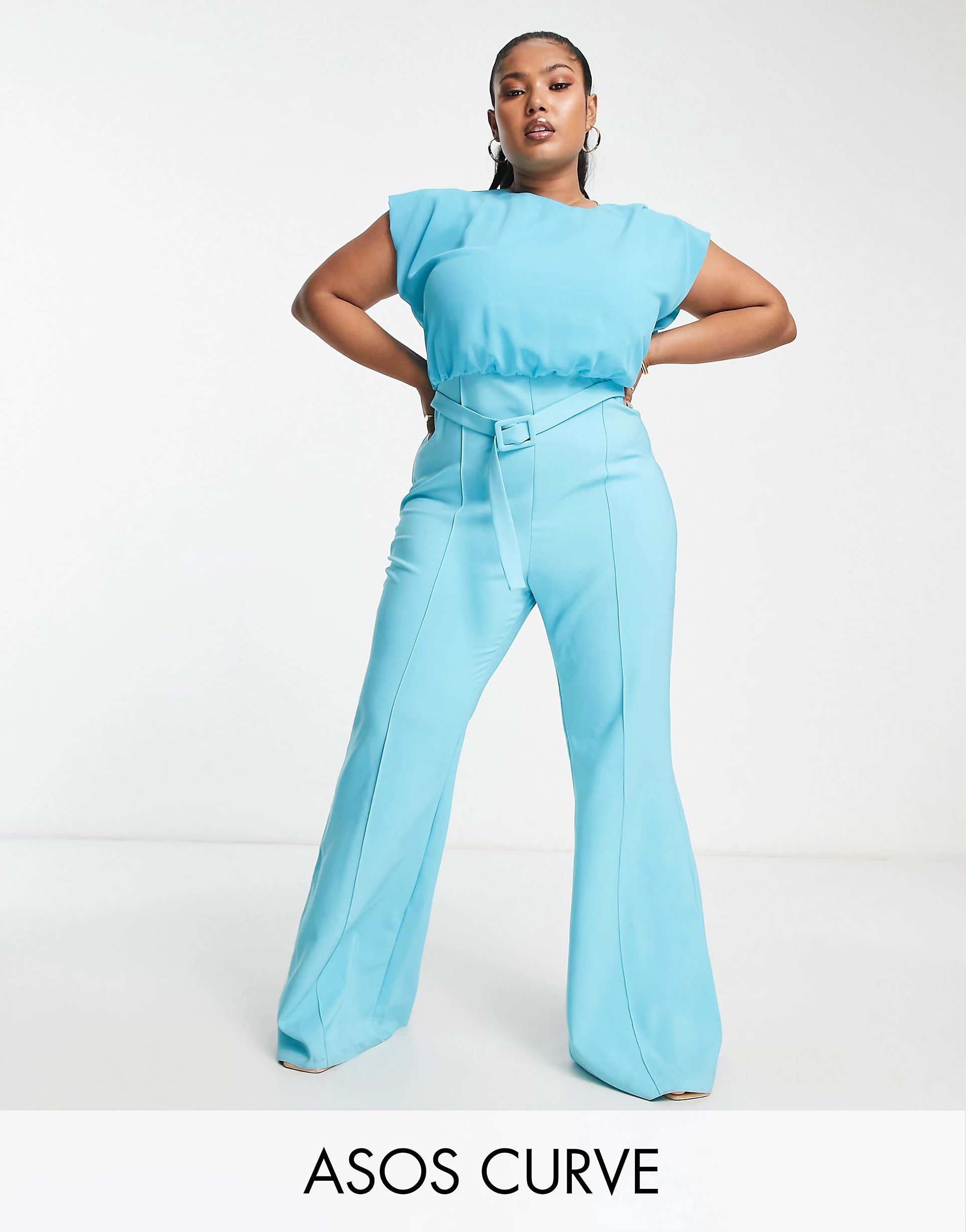 ASOS DESIGN Curve chiffon top belted flared leg jumpsuit in turquoise | ASOS (Global)