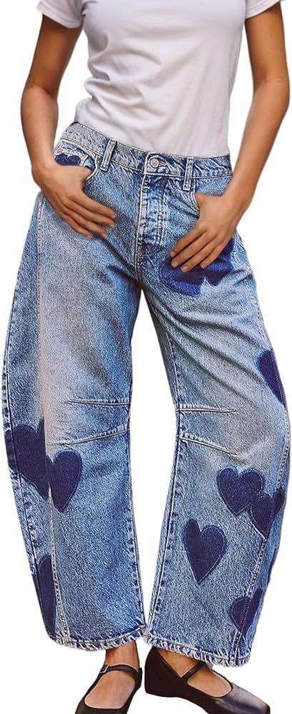 Barrel Jeans for Women Mid Rise Heart Printed Denim Ankle Pants Vintage Baggy Boyfriend Jeans | Amazon (US)