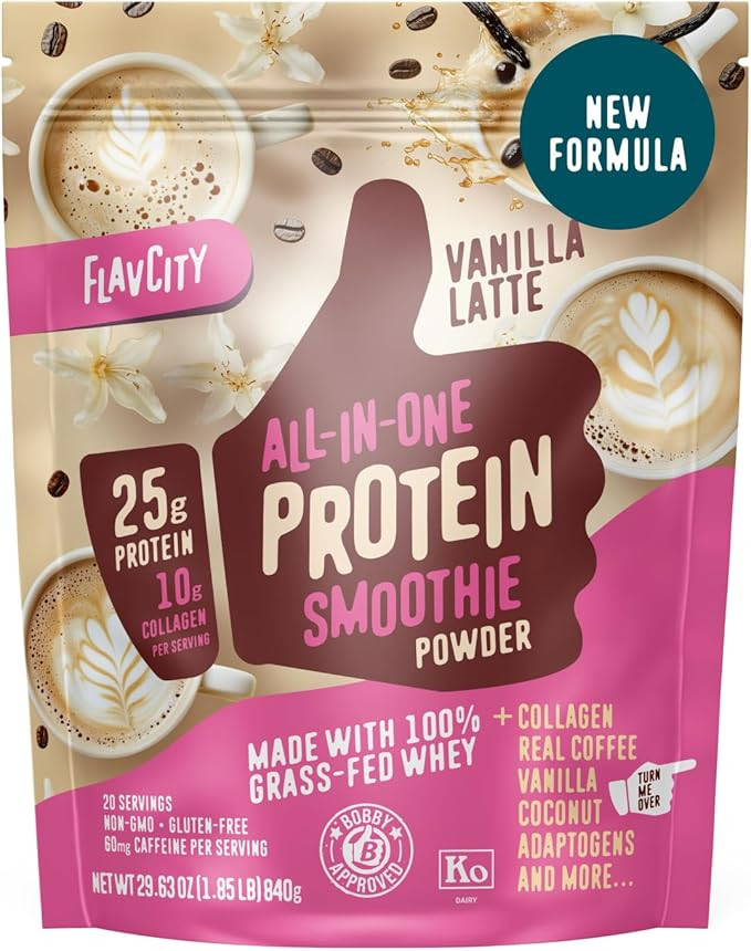 FlavCity Grass Fed Whey Protein Powder - Vanilla Latte - 25g Protein, 10g Collagen & 60mg of Caff... | Amazon (US)