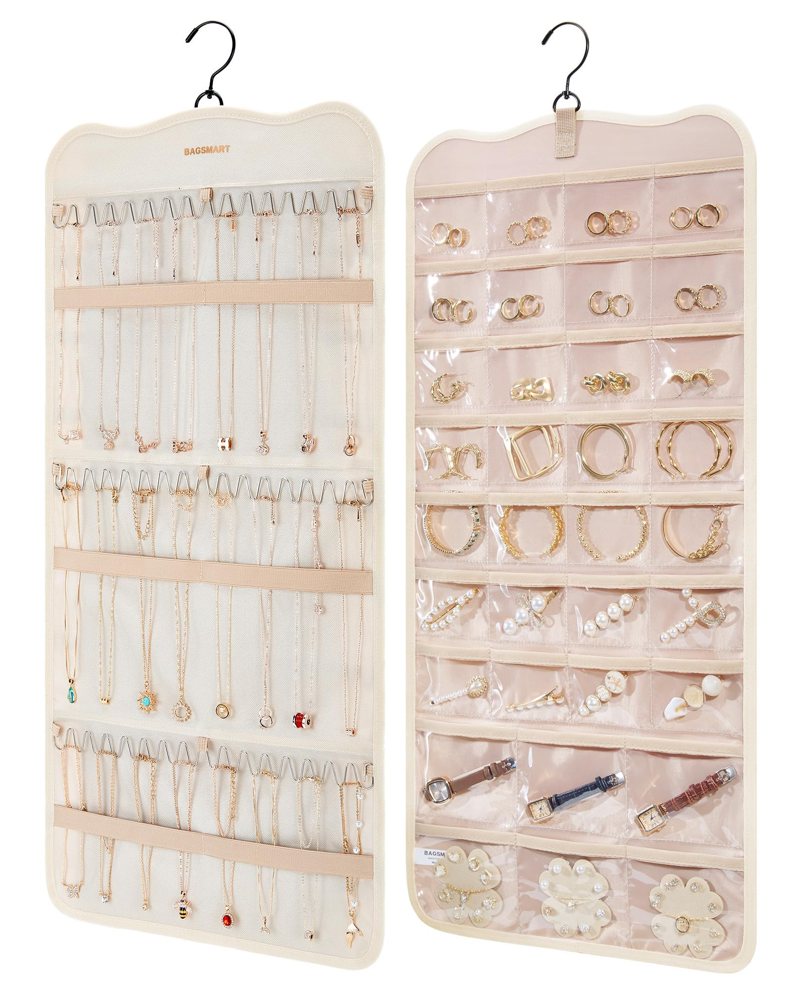 BAGSMART Hanging Jewelry Organizer Storage with Hanger Metal Hooks Double-Sided Jewelry Holder fo... | Amazon (US)