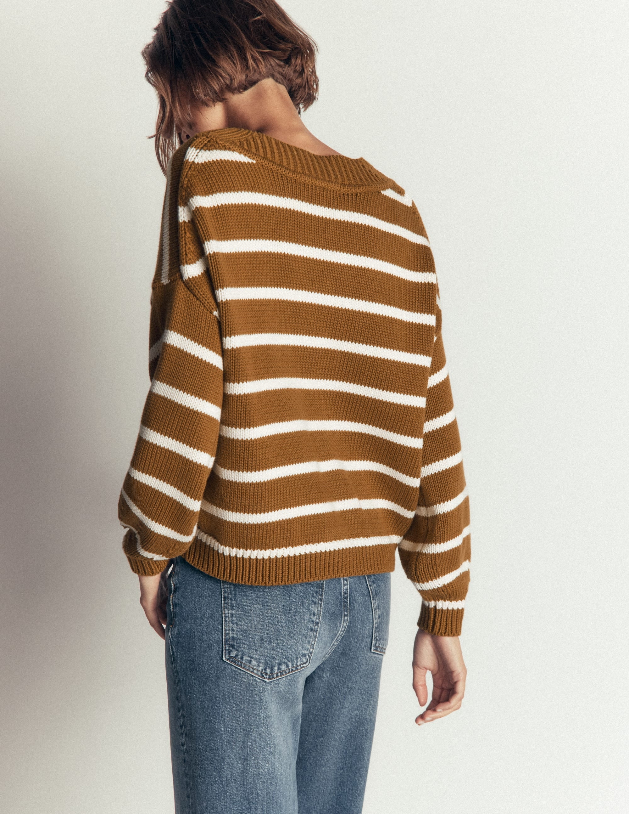 Lucy Cotton V-neck Sweater-Gingerbread, Ivory | Boden (US)