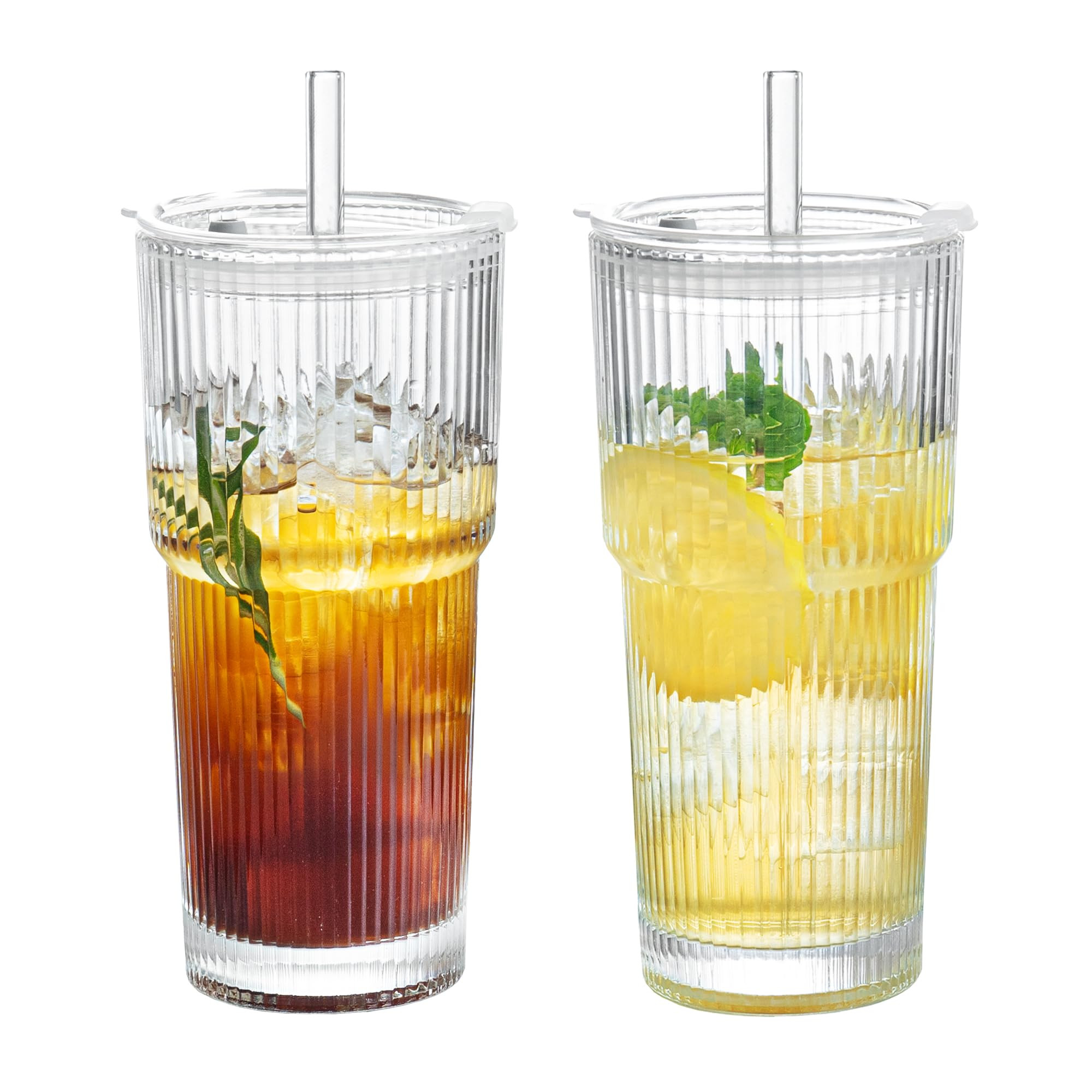 Puraville 2 Pack 20oz Glass Cups with Lids and Straws, Vintage Ribbed Glassware for Whiskey Cockt... | Amazon (US)