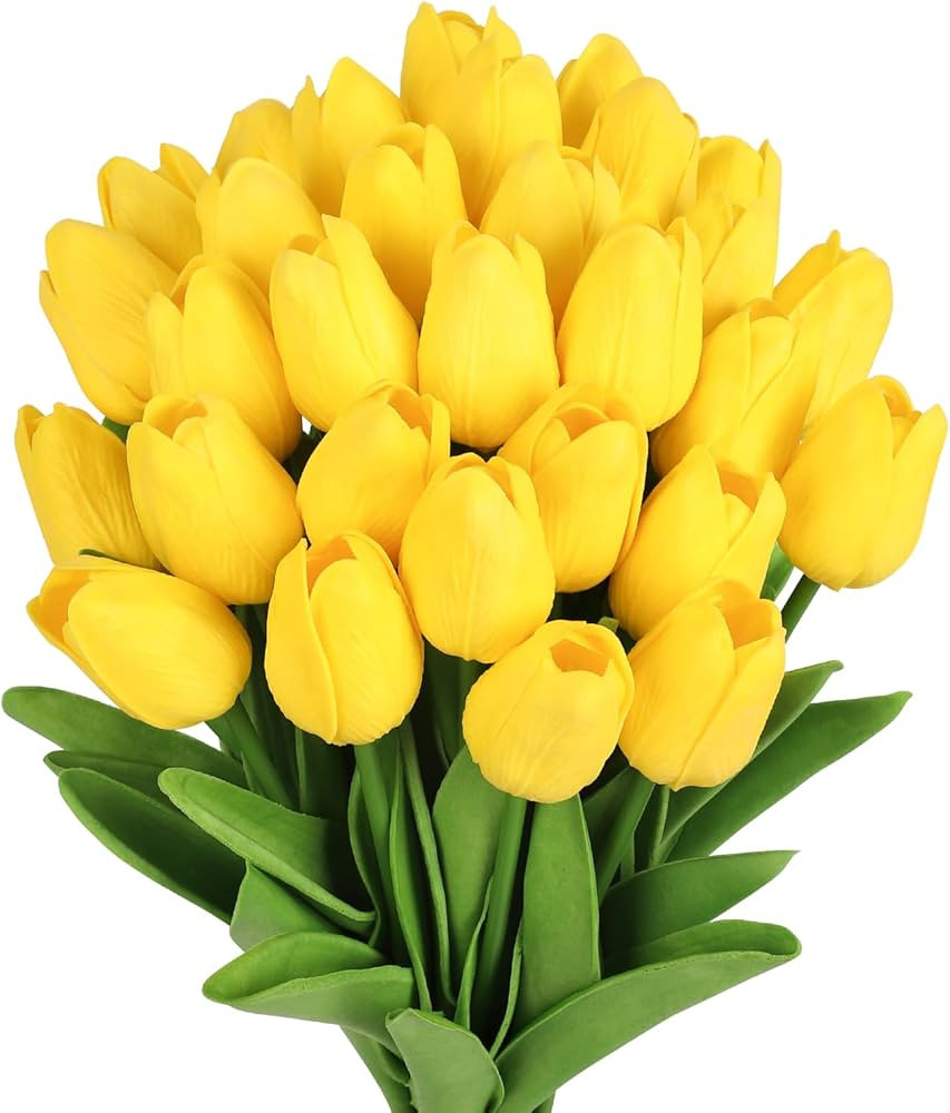 MACTING Yellow Artificial Tulip Flowers - 13.7" 30PCS Real Touch Fake PU Tulips Bouquet Faux Spri... | Amazon (US)