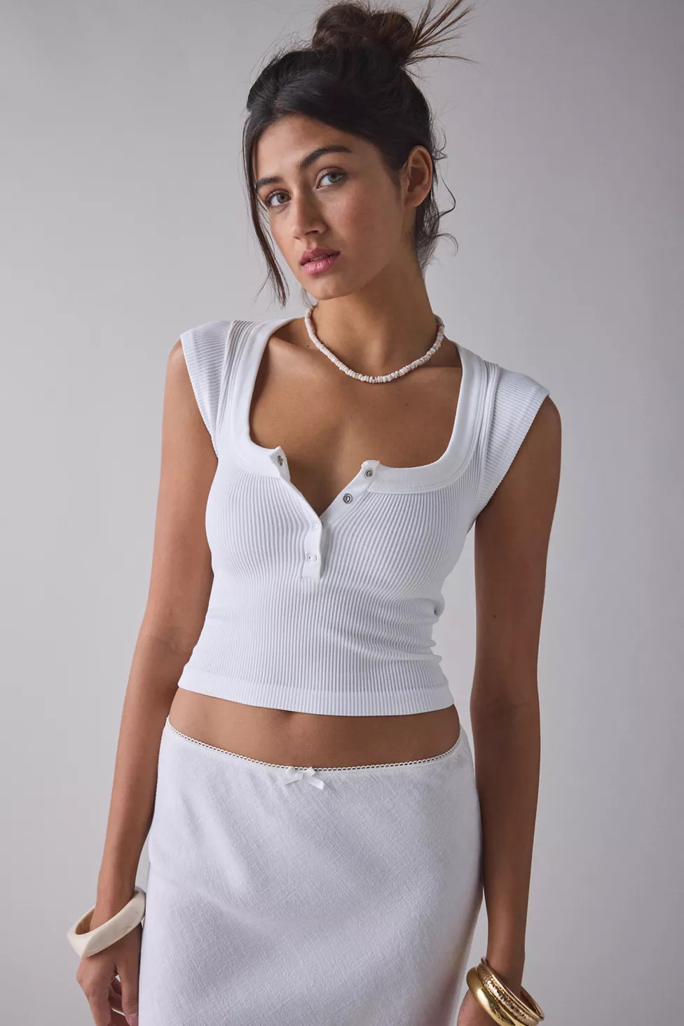 Out From Under Sally Square Neck Seamless Knit Henley Tee | Urban Outfitters (US and RoW)