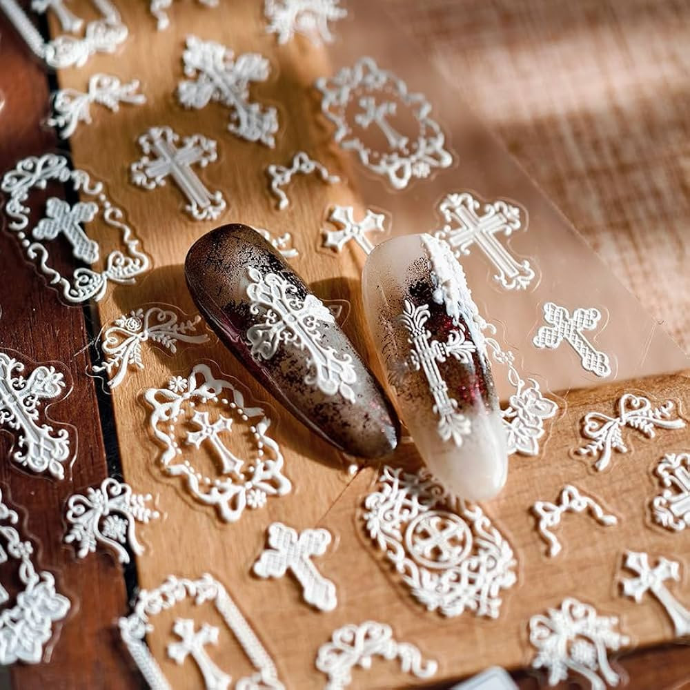 White Lace Cross Nail Art Stickers, 5D Embossed Manicure Decals for Nail Art Design Self-Adhesive... | Amazon (US)