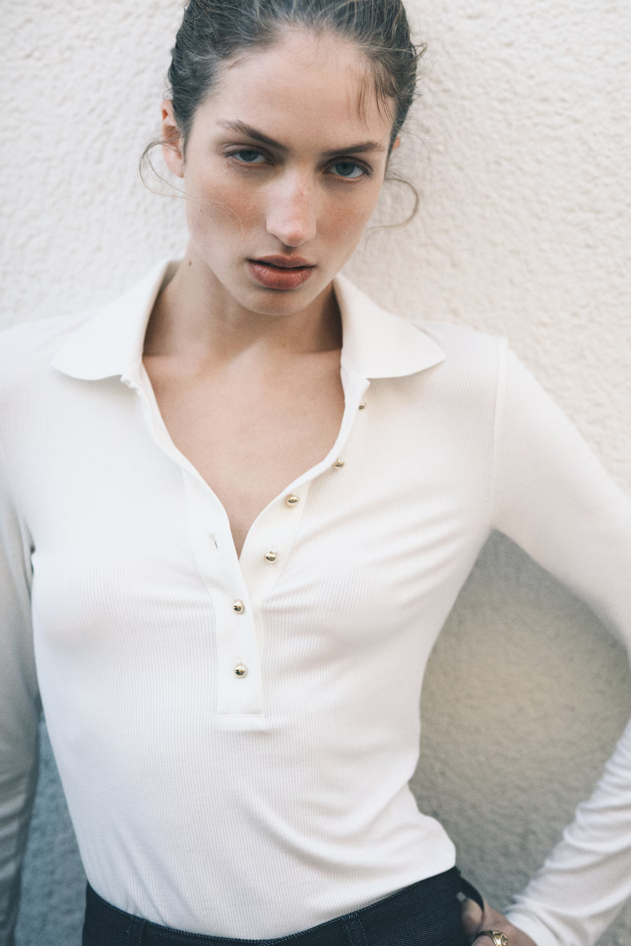 Rib-knit polo shirt - Cream - Ladies | H&M GB | H&M (UK, MY, IN, SG, PH, TW, HK)