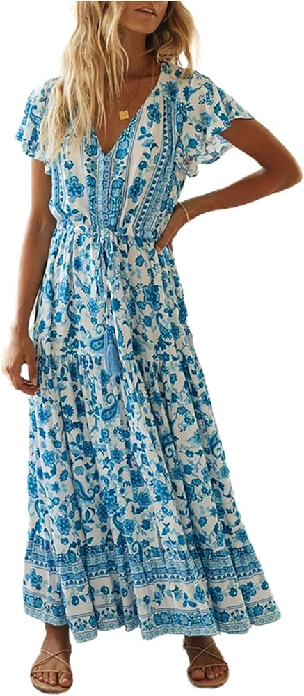 R.Vivimos Womens Summer Floral Print Cotton Short Sleeve Flowy Dress | Amazon (US)