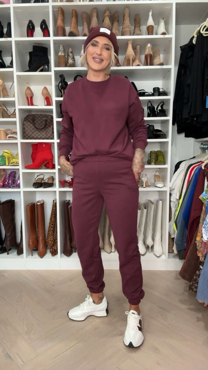 Burgundy, maroon monochromatic look Spanx code rayaxspanx to save 
In the sweat set from Walmart size XS in pants size small in top 
In  second outfit size medium in everything 
Shoes size 7 true to size 

#LTKHoliday #LTKU #LTKActive