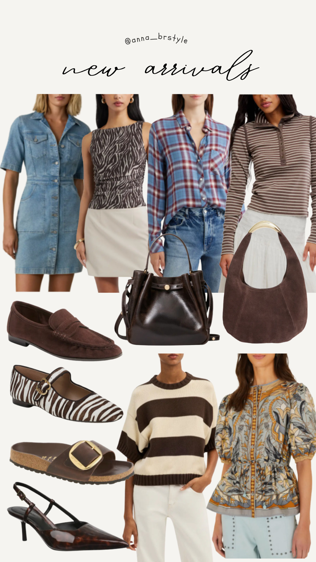 fall new arrivals, early fall fashion, transitional outfits, fall outfit ideas, brown fashion, denim dress, plaid shirt, striped top, fall handbags, suede bag, brown loafers, zebra flats, Mary Jane flats, fall shoes, Birkenstock sandals, striped sweater, printed blouse, neutral fall style, women’s fall fashion, fall wardrobe essentials 

 #LTKOver40